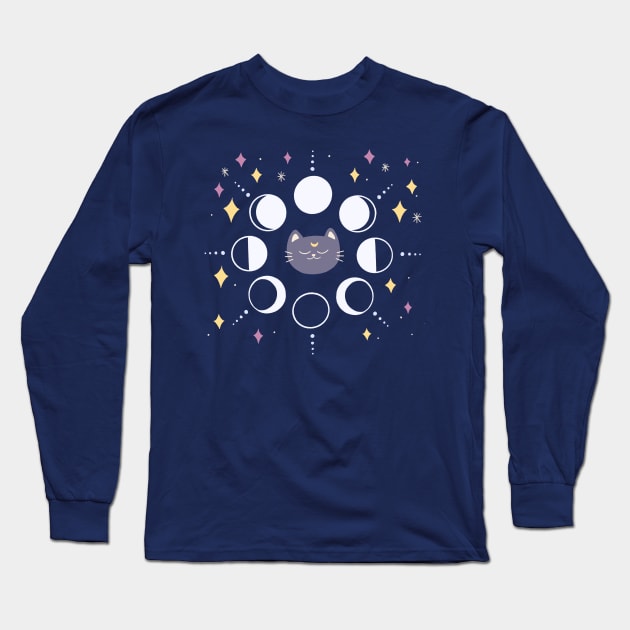 Moon Phases Cat Long Sleeve T-Shirt by awesomesaucebysandy